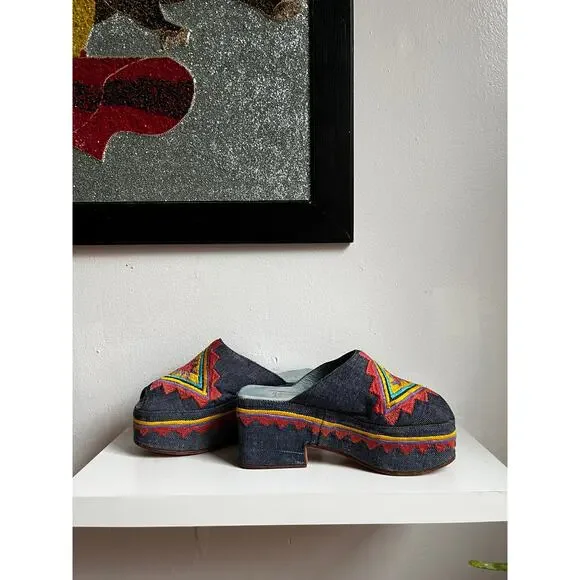 Vintage 60s Platform Mule Heels | Embroidered Denim Peep Toe | Mod Folk | Size 6 - Picture 2 of 10